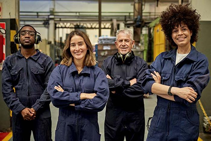 Confident and diverse warehouse employees facing forward