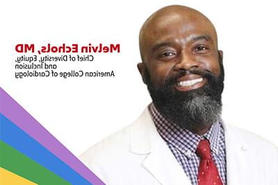 a silhouetted headshot of Melvin Echols, MD (American College of Cardiology Chief of Diversity, Equity & Inclusion), with a rainbow graphic spanning the lower right corner of the frame